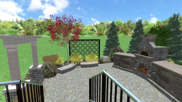 A 3D-rendered backyard patio with a stone terrace