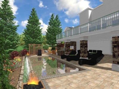 Outdoor patio scene with a glass-walled house