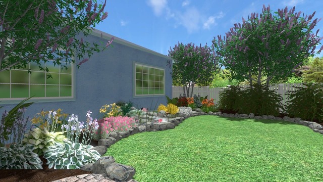 Lush backyard garden with a manicured green lawn