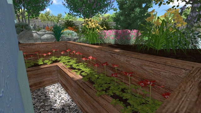 Raised wooden garden bed with tiered levels