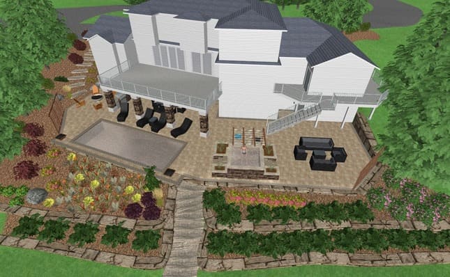 3D render of a two-story white house with a raised deck